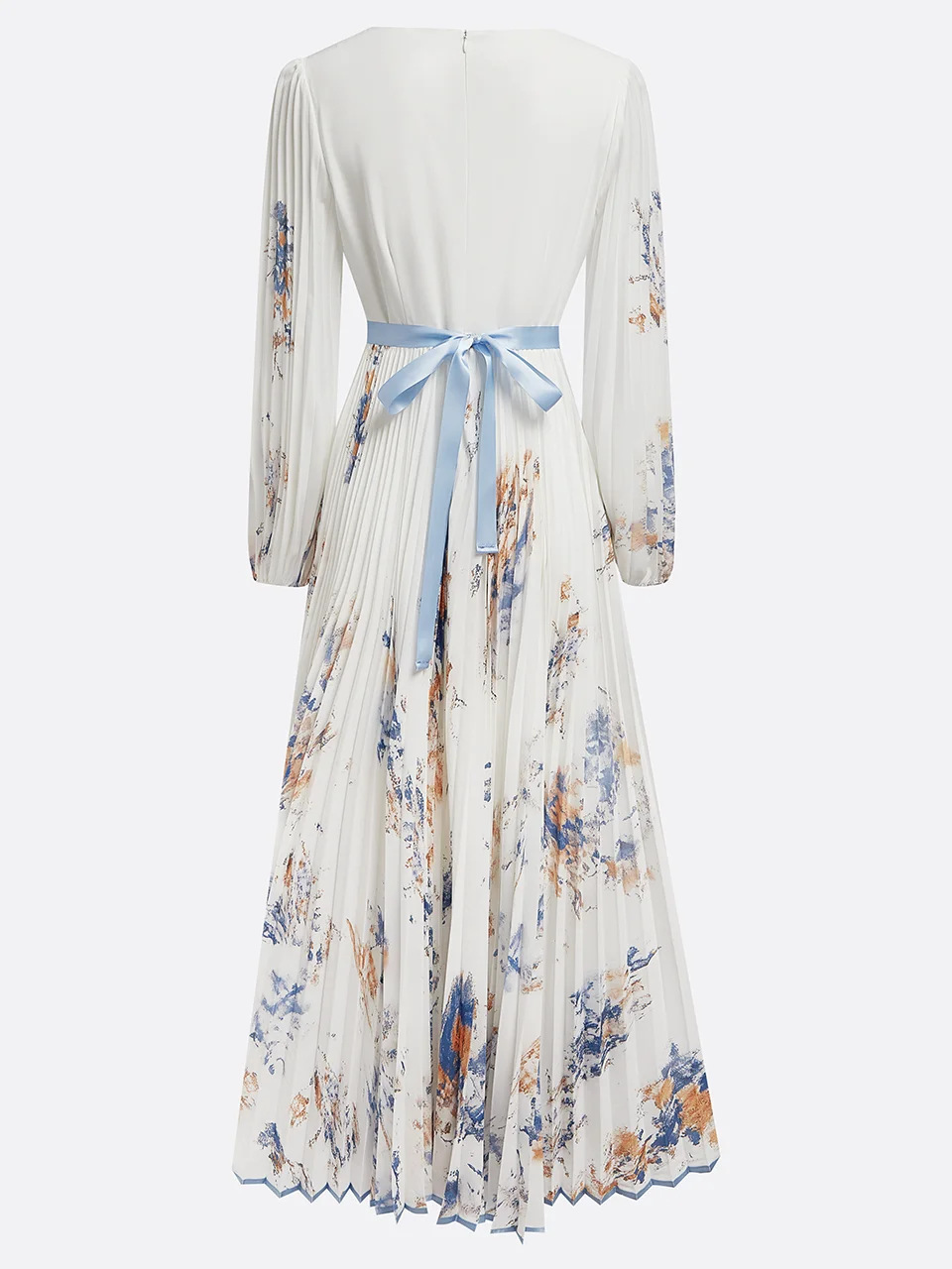 Pleated Chiffon V Neck Floral Long Sleeve Balloon Sleeve A-Line Maxi Dress