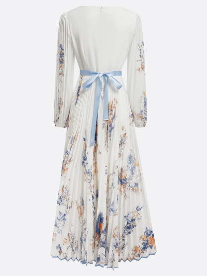 Pleated Chiffon V Neck Floral Long Sleeve Balloon Sleeve A-Line Maxi Dress