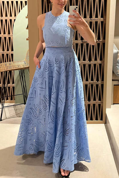 Paris Dreaming Embroidered Lace High Rise Pocketed Maxi Skirt and Crop Tank Top(Buy 2 Free Shipping)