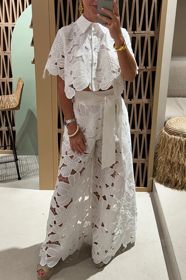 Floral Lace Cropped Shirt and Belt Pocketed Wide Leg Pants Set