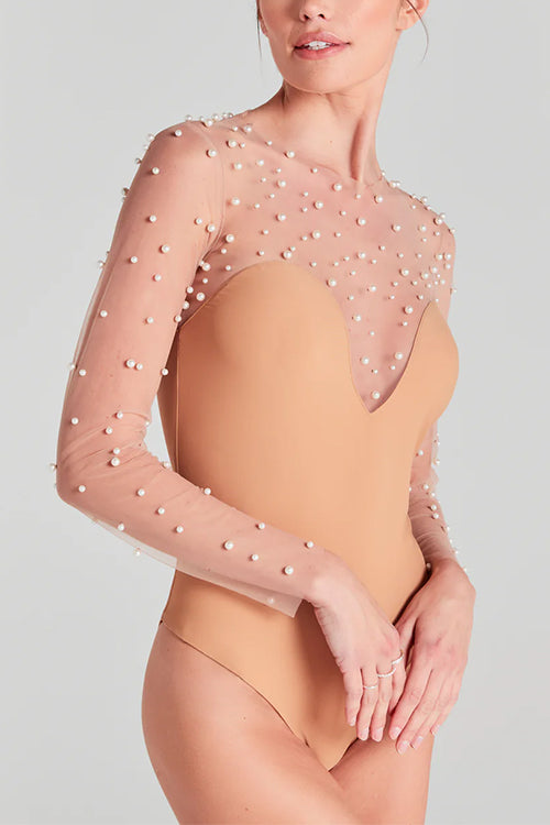 Sheer Mesh Pearl Bodysuit & V Neck Strapless Pocketed Wide Leg Jumpsuit