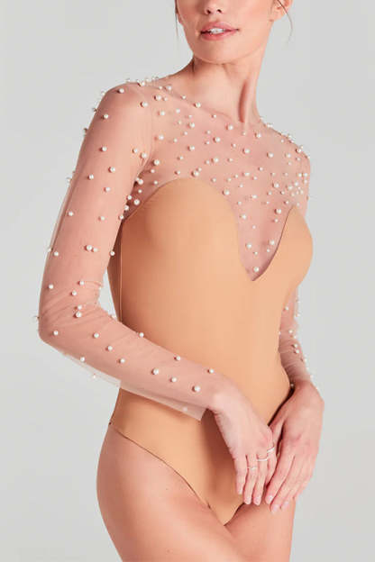 Sheer Mesh Pearl Bodysuit & V Neck Strapless Pocketed Wide Leg Jumpsuit