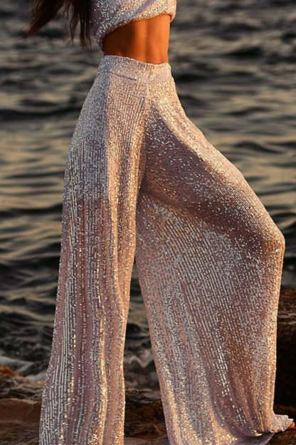 Sequins Loose High Waist Wide Leg Bottoms