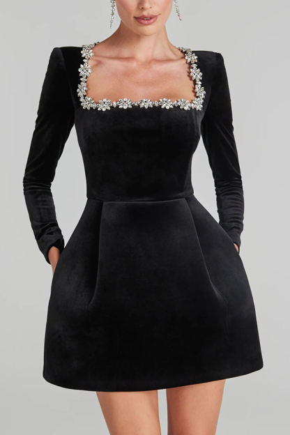 Velvet Jewel Embellished Trim Long Sleeve Pocketed Mini Dress (Buy 2 Free Shipping)