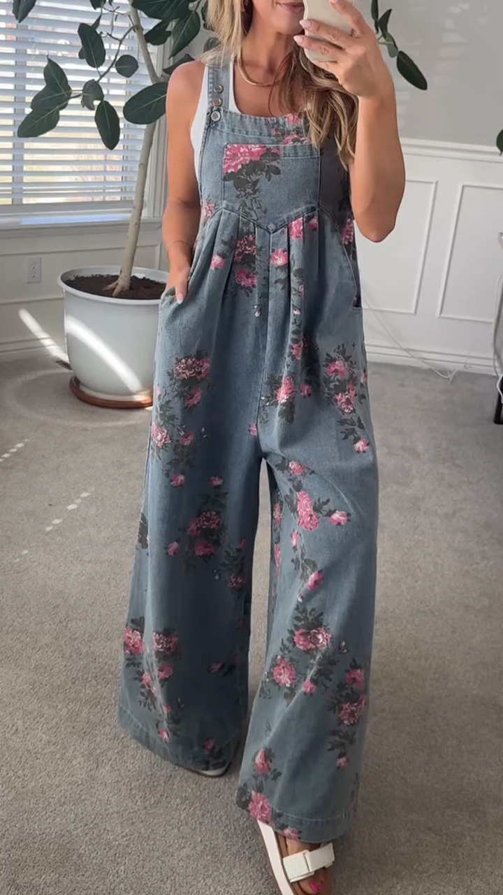 Floral Denim Overalls with Wide-Leg Fit