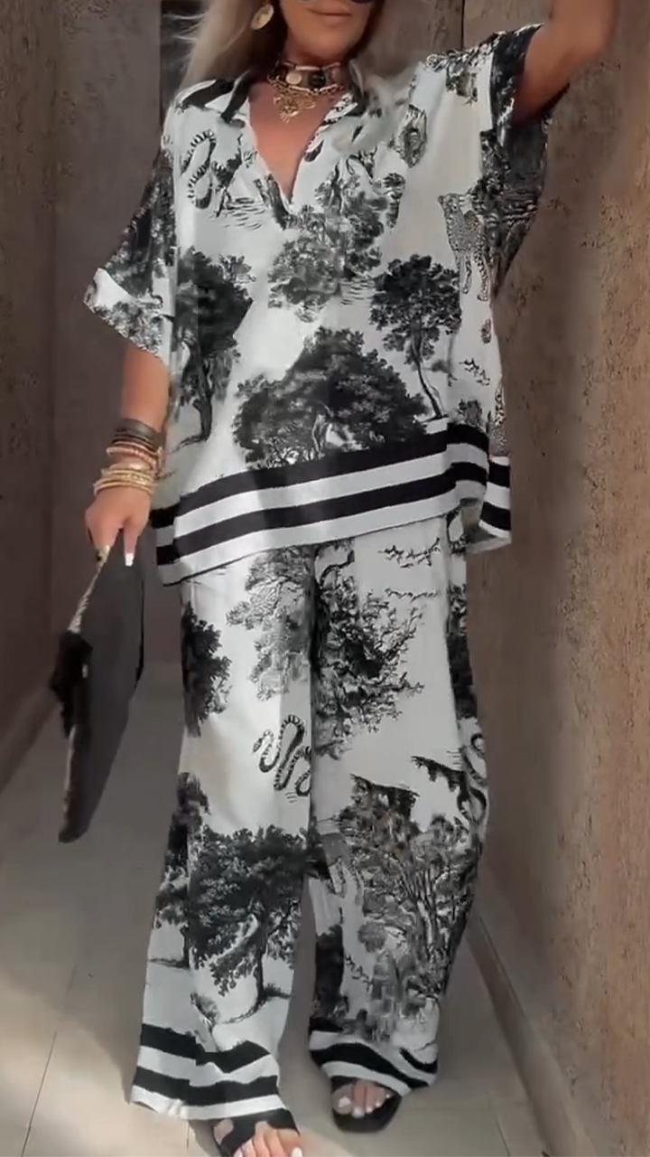 Printed Matching Set with Relaxed Shirt and Wide-Leg Pants