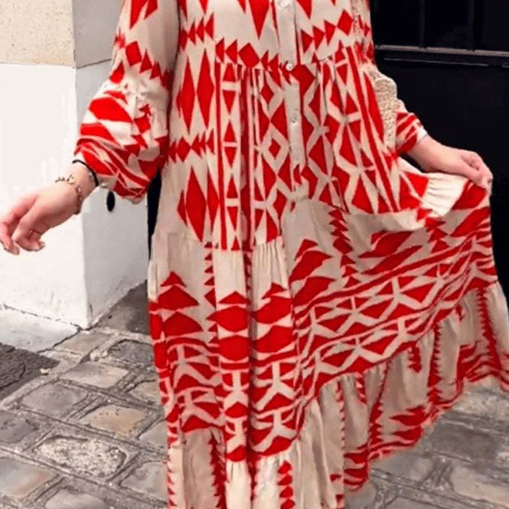 []Geometric Print Boho Tiered Maxi Dress