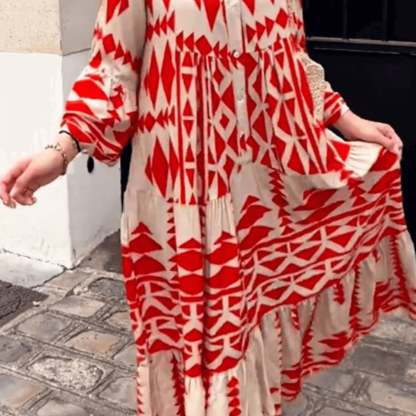 []Geometric Print Boho Tiered Maxi Dress