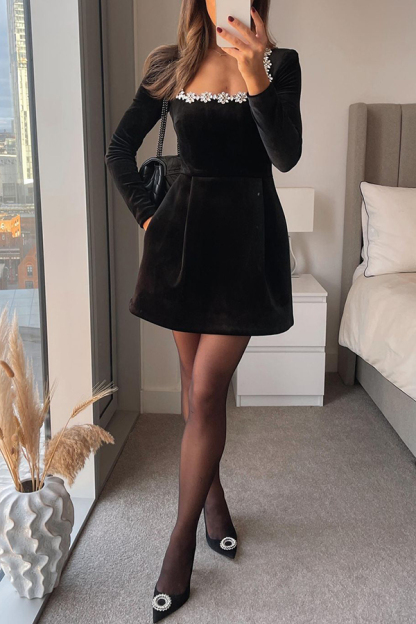 Velvet Jewel Embellished Trim Long Sleeve Pocketed Mini Dress (Buy 2 Free Shipping)