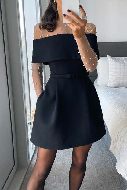 Sheer Mesh Pearl Bodysuit & V Neck Strapless Pocketed Wide Leg Jumpsuit