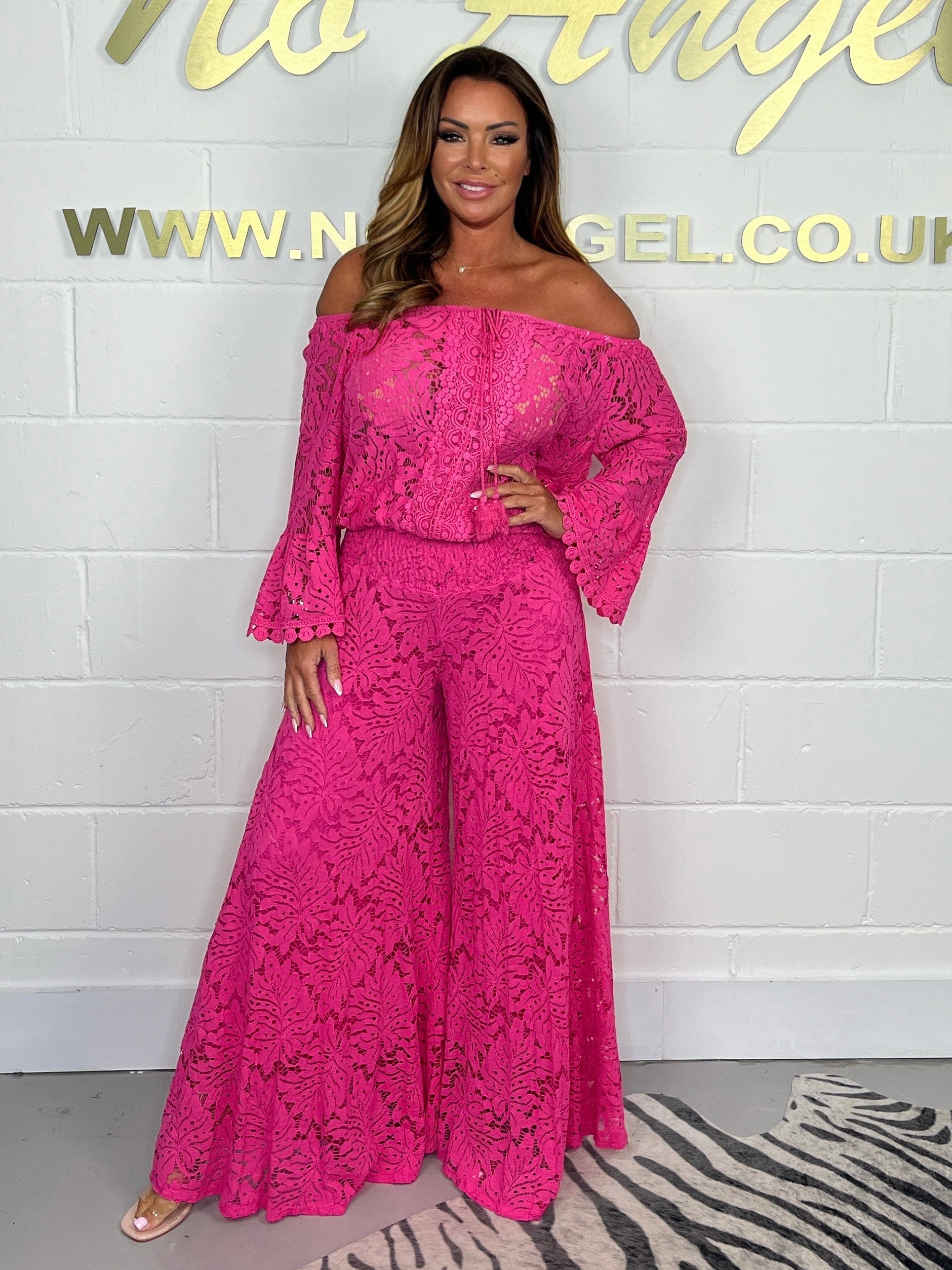 Elegant Lace Off Shoulder Bell Sleeve Wide Leg Two Piece Set