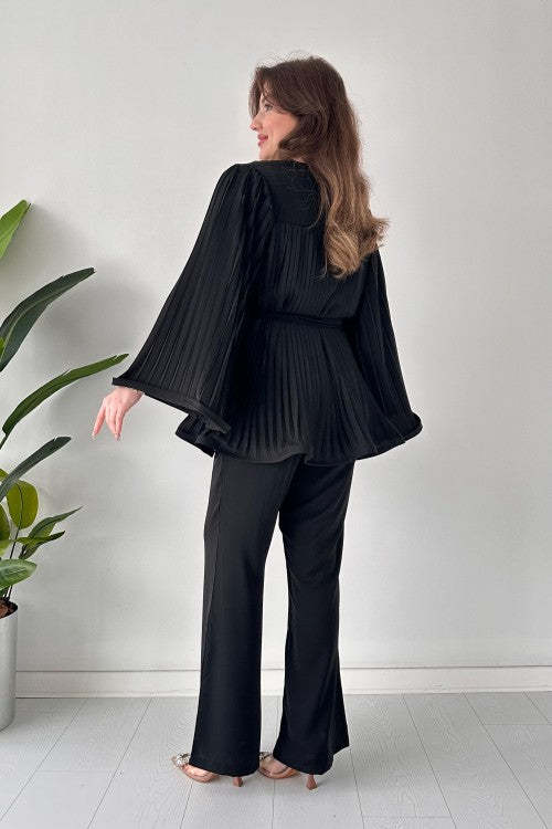 Pleated Bell Sleeve Top and Wide-Leg Pants Two Piece Set (Buy 2 Free Shipping)