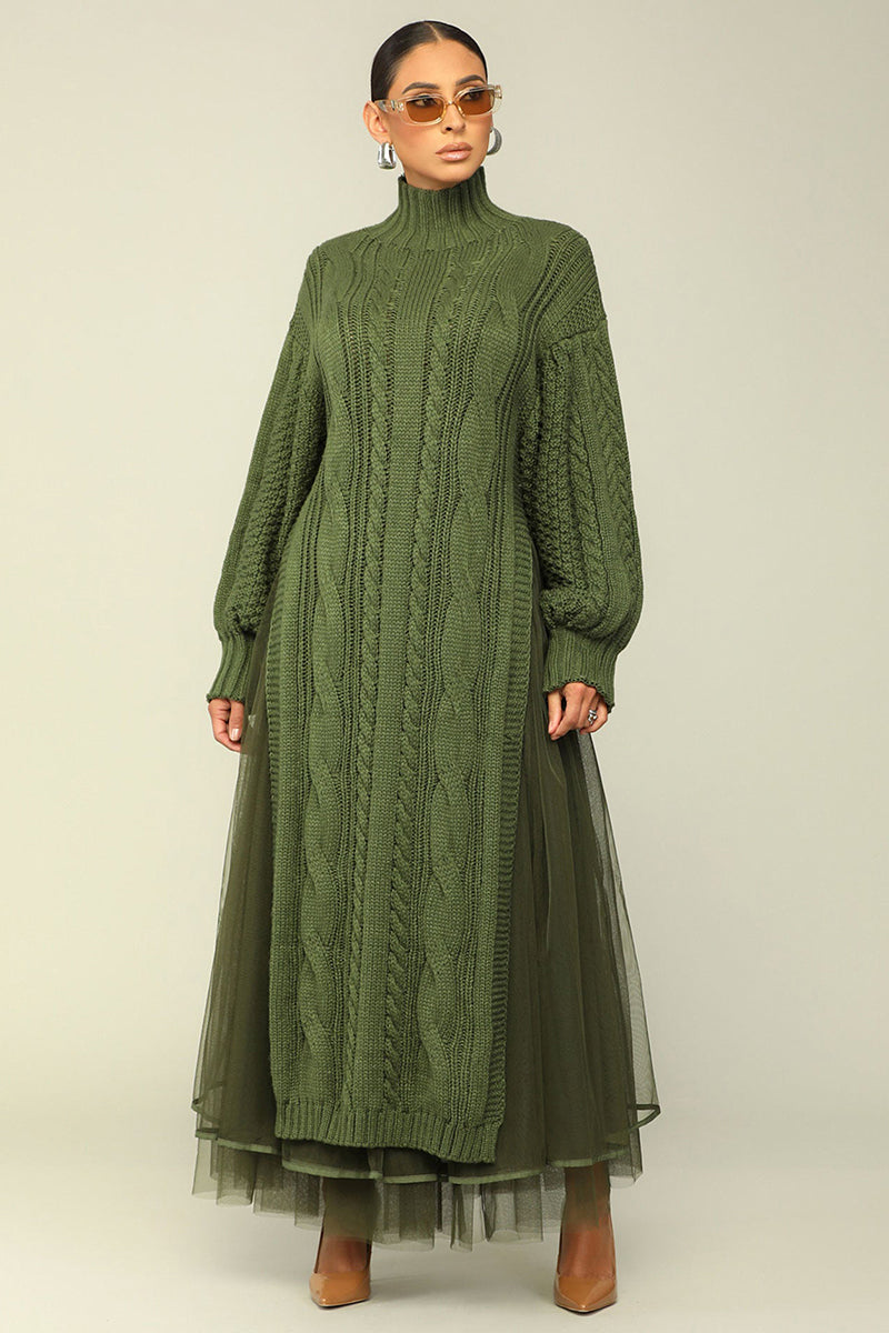 Cozy Chunky Knit Mock Neck Mesh Hem Dress (Buy 2 Free Shipping)