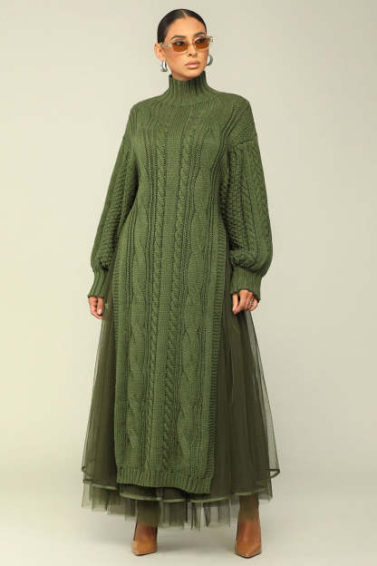 Cozy Chunky Knit Mock Neck Mesh Hem Dress (Buy 2 Free Shipping)