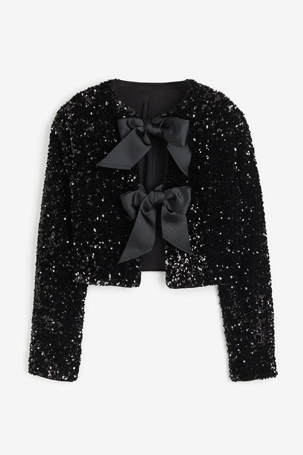 Two Ways To Celebrate Tie-front Bow Sequined Top (Buy 2 Free Shipping)