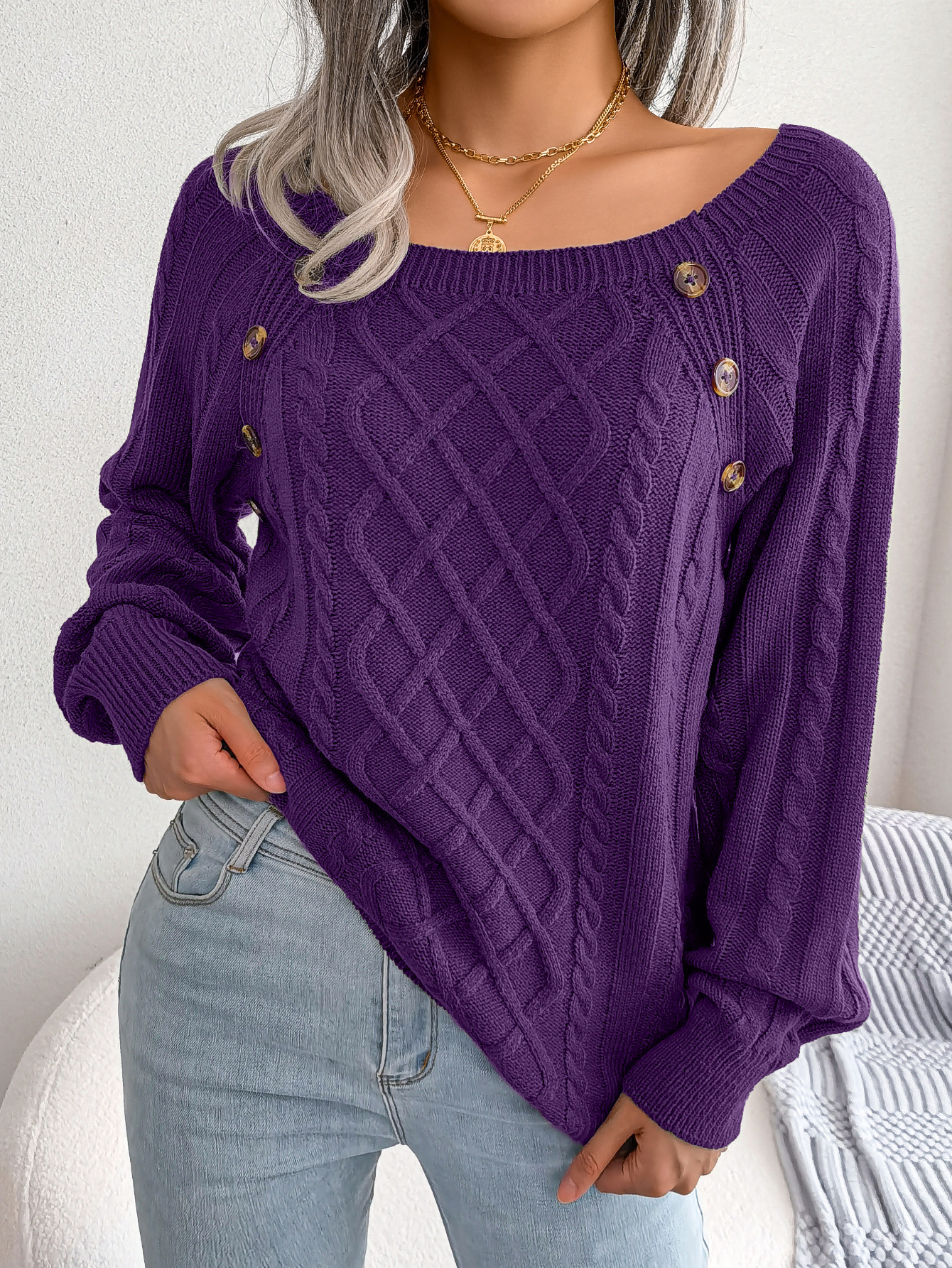 Textured Cable Knit Button Detail Relaxed Fit Sweater