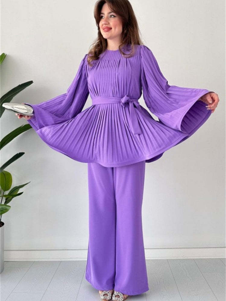 Pleated Bell Sleeve Top and Wide-Leg Pants Two Piece Set (Buy 2 Free Shipping)