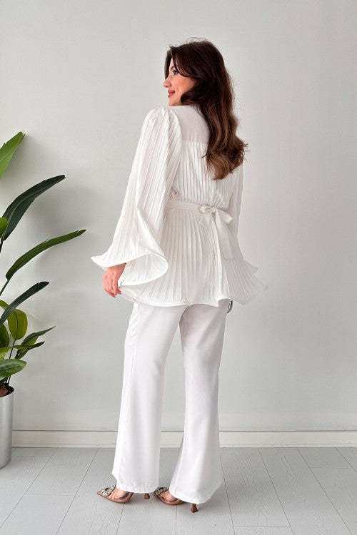 Pleated Bell Sleeve Top and Wide-Leg Pants Two Piece Set (Buy 2 Free Shipping)
