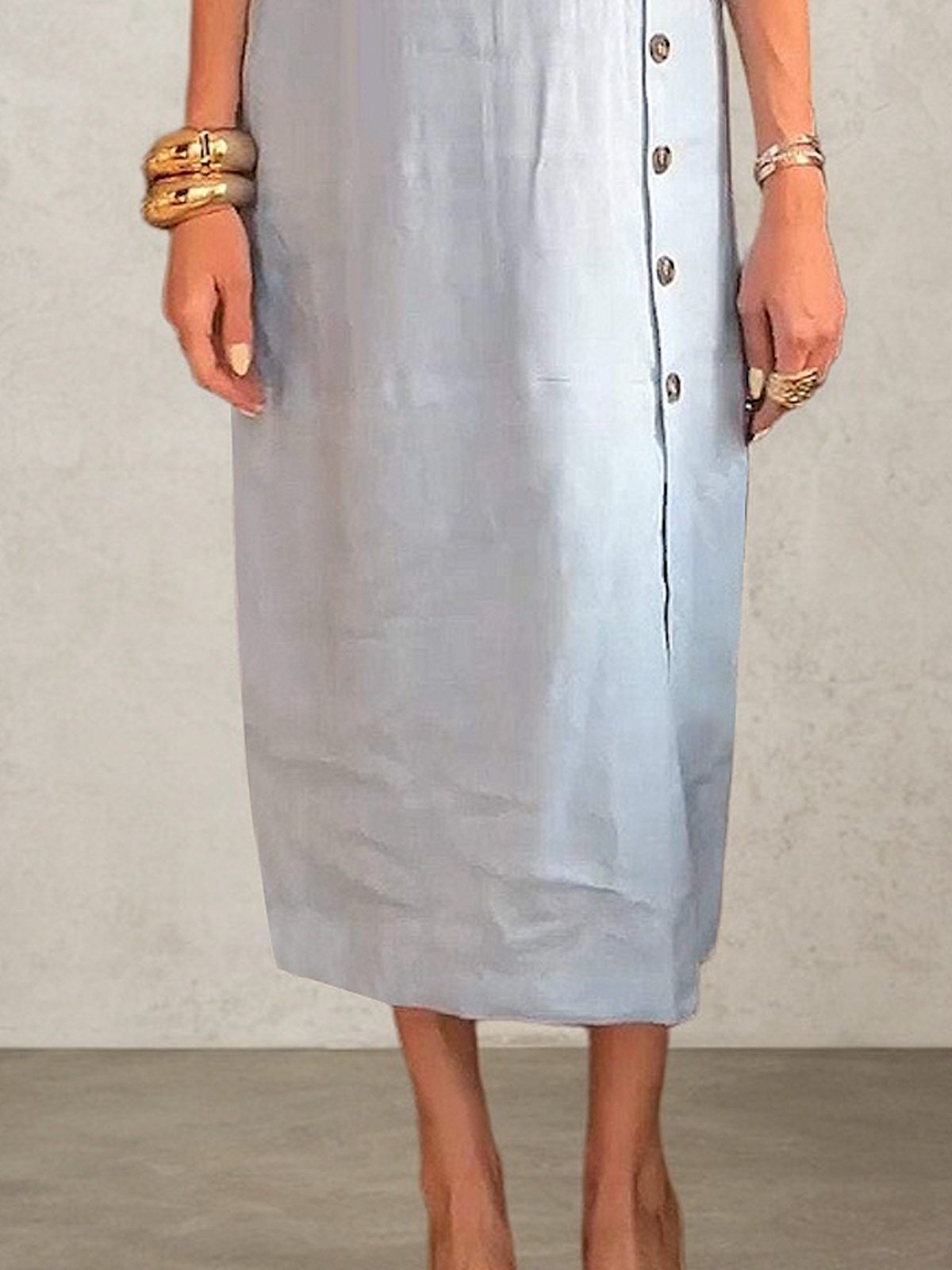 Linen Crew Neck Plain Short Sleeve Midi Dress