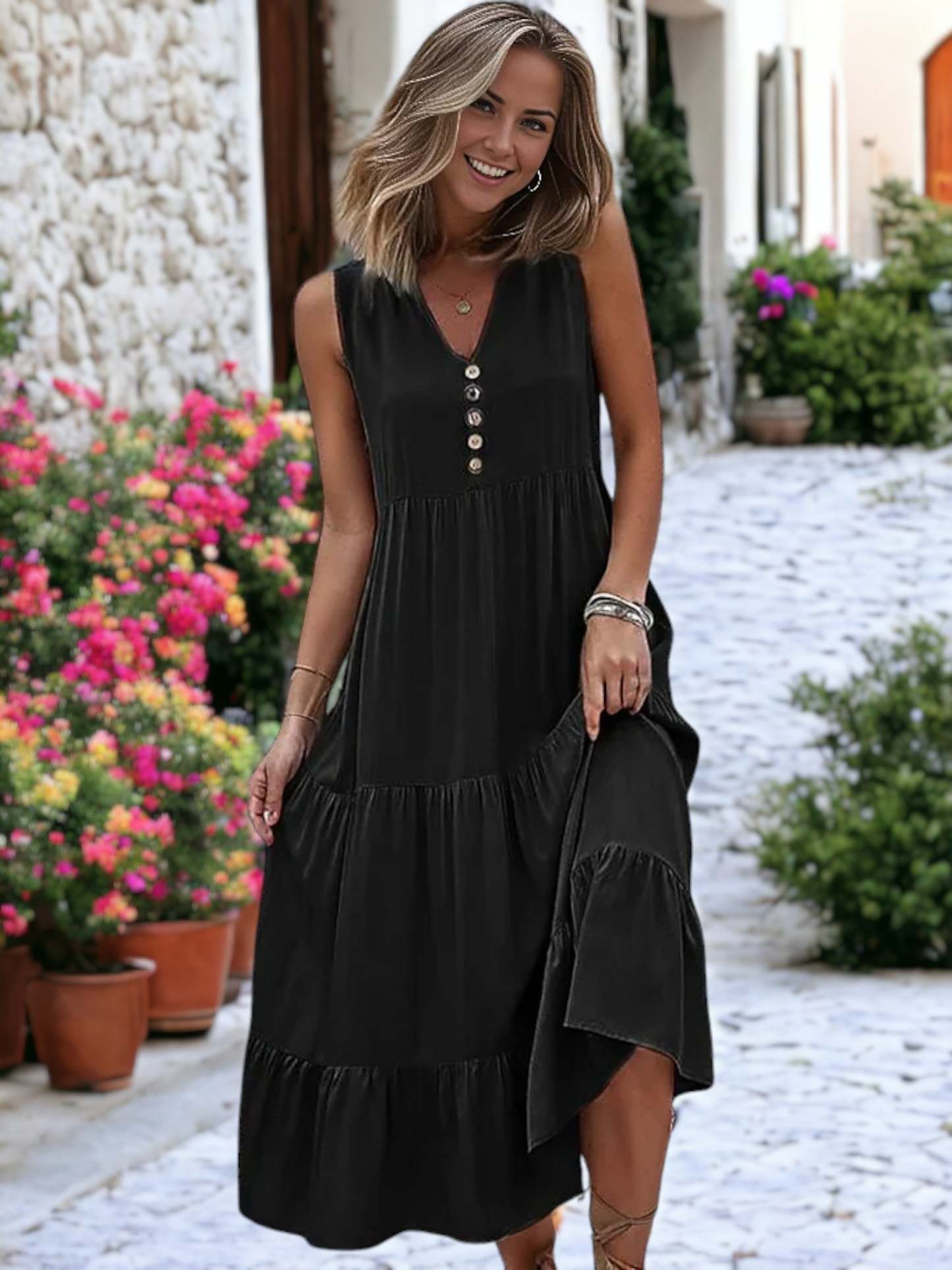 V-Neck Button Detailed Boho Midi Ruffle Dress For Women