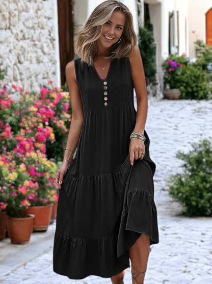 V-Neck Button Detailed Boho Midi Ruffle Dress For Women