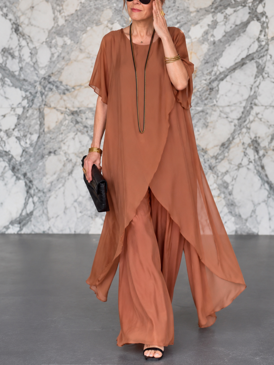 Elegant Asymmetric Layered Wide Leg Two-Piece Set (Buy 2 Free Shipping)