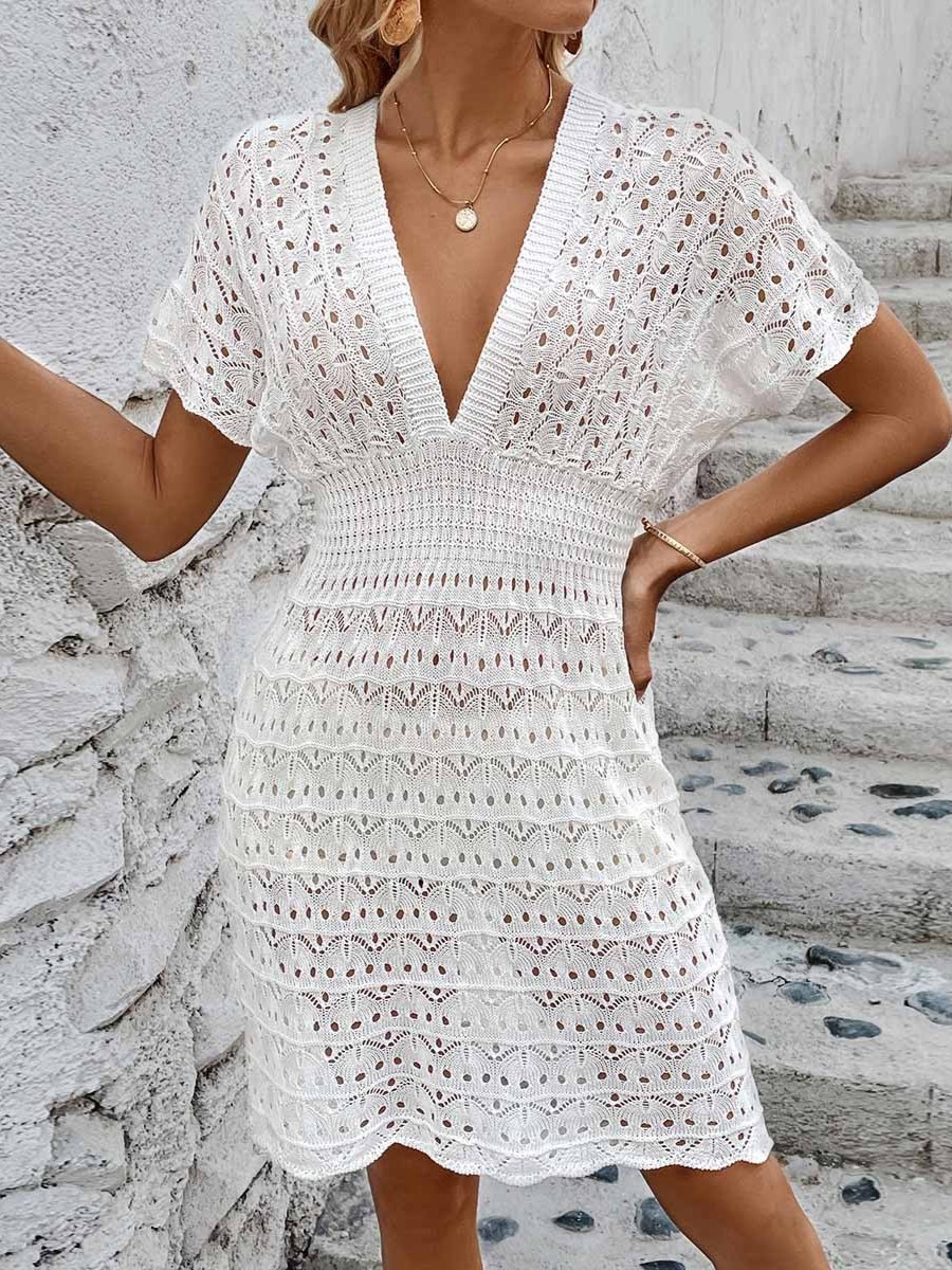 Boho Crochet Knit V-Neck Cinched Waist Mini Cover-Up Dress