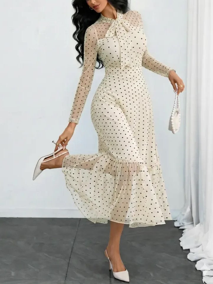 Elegant Polka Dot Bow Neck Mesh Dress (Buy 2 Free Shipping)