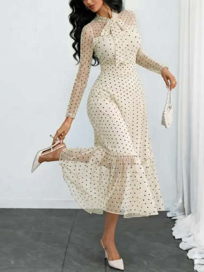 Elegant Polka Dot Bow Neck Mesh Dress (Buy 2 Free Shipping)