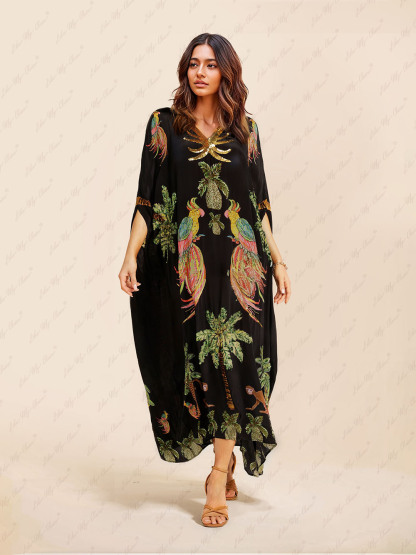 Unique Drop Shoulder Sleeve Coconut Tree Printed Dress (Buy 2 Free Shipping)