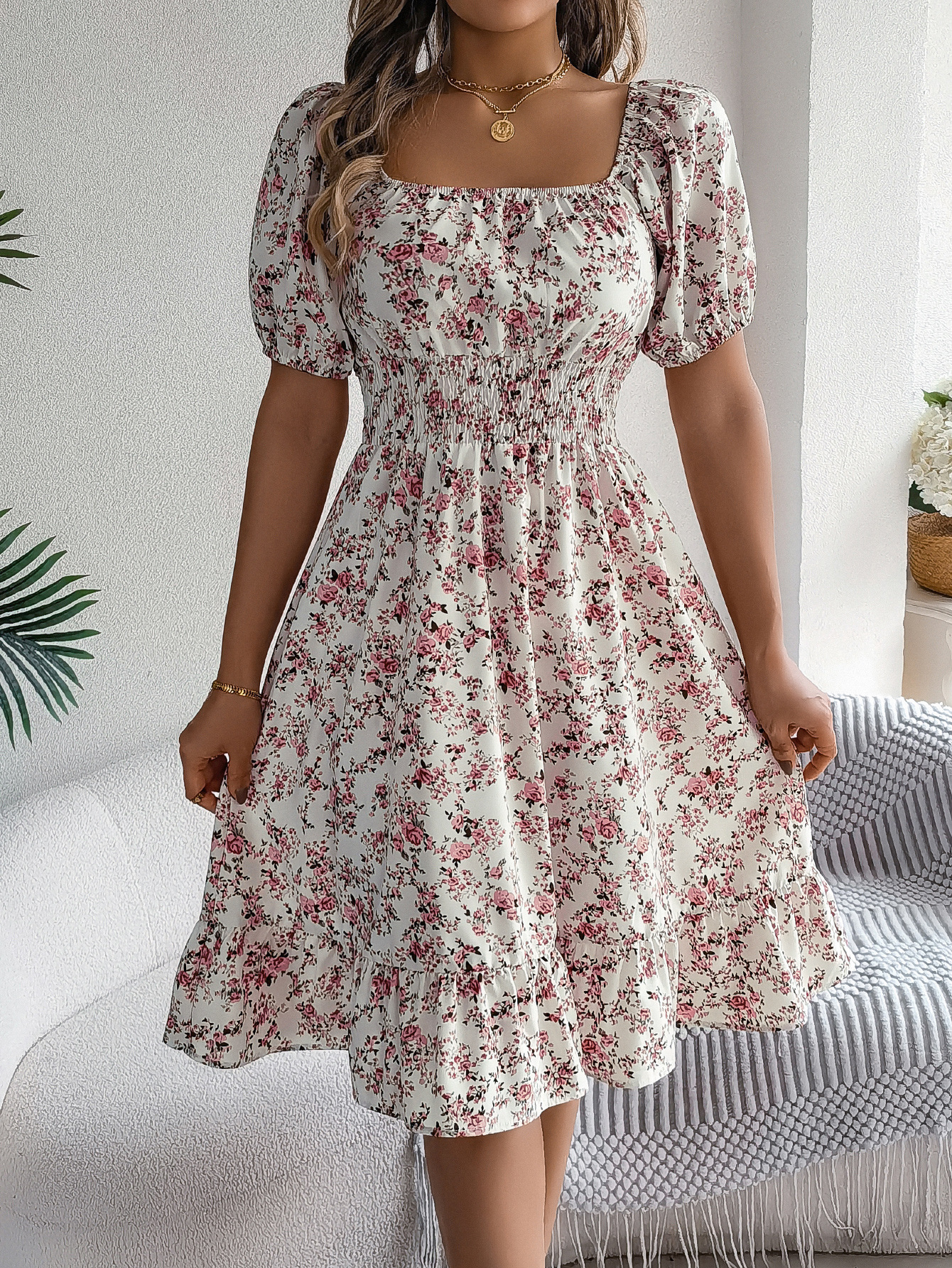 Elegant Floral Square Neck Smocked Waist Midi Dress