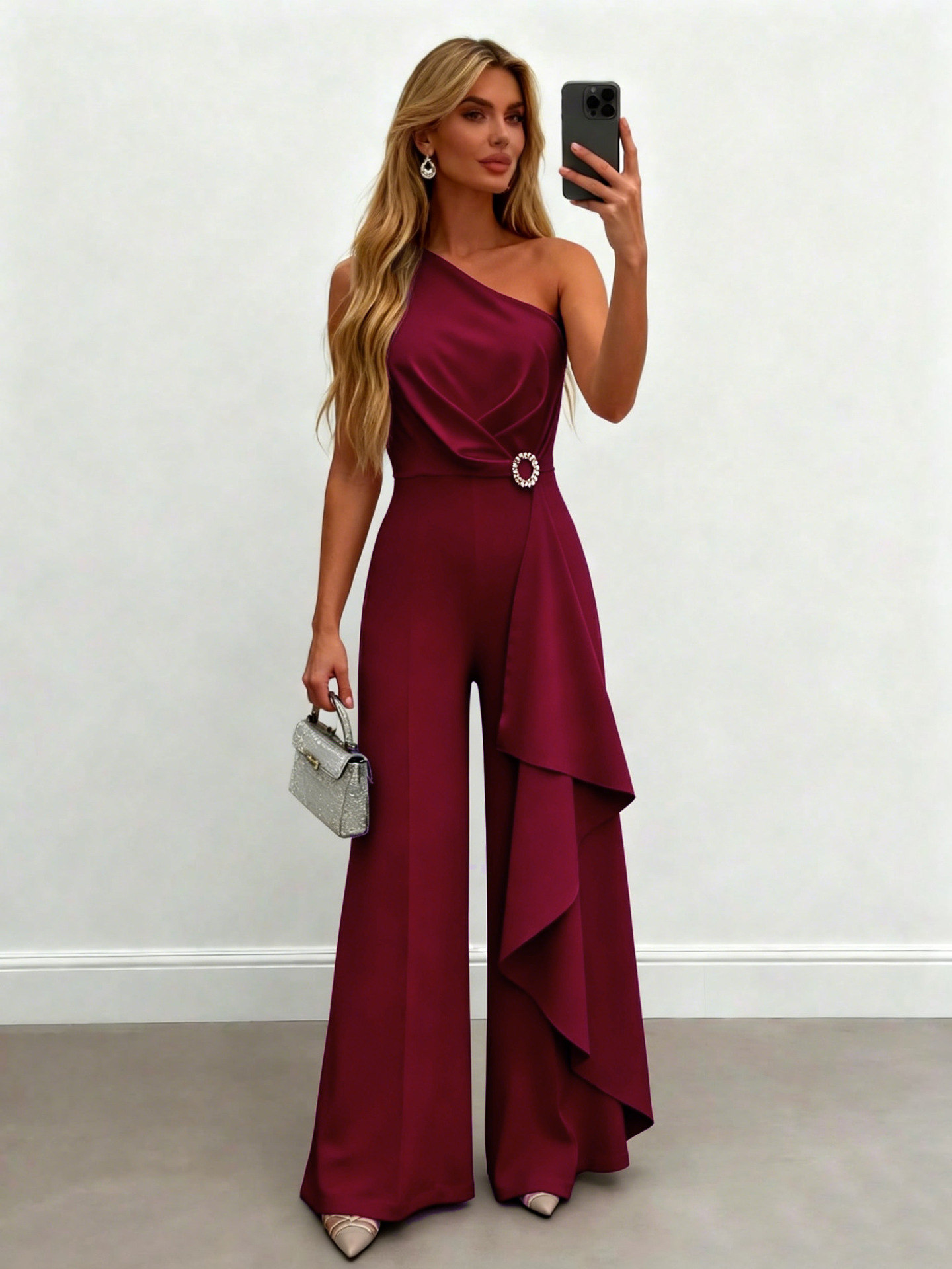 Elegant One-Shoulder Draped Wide-Leg Evening Jumpsuit