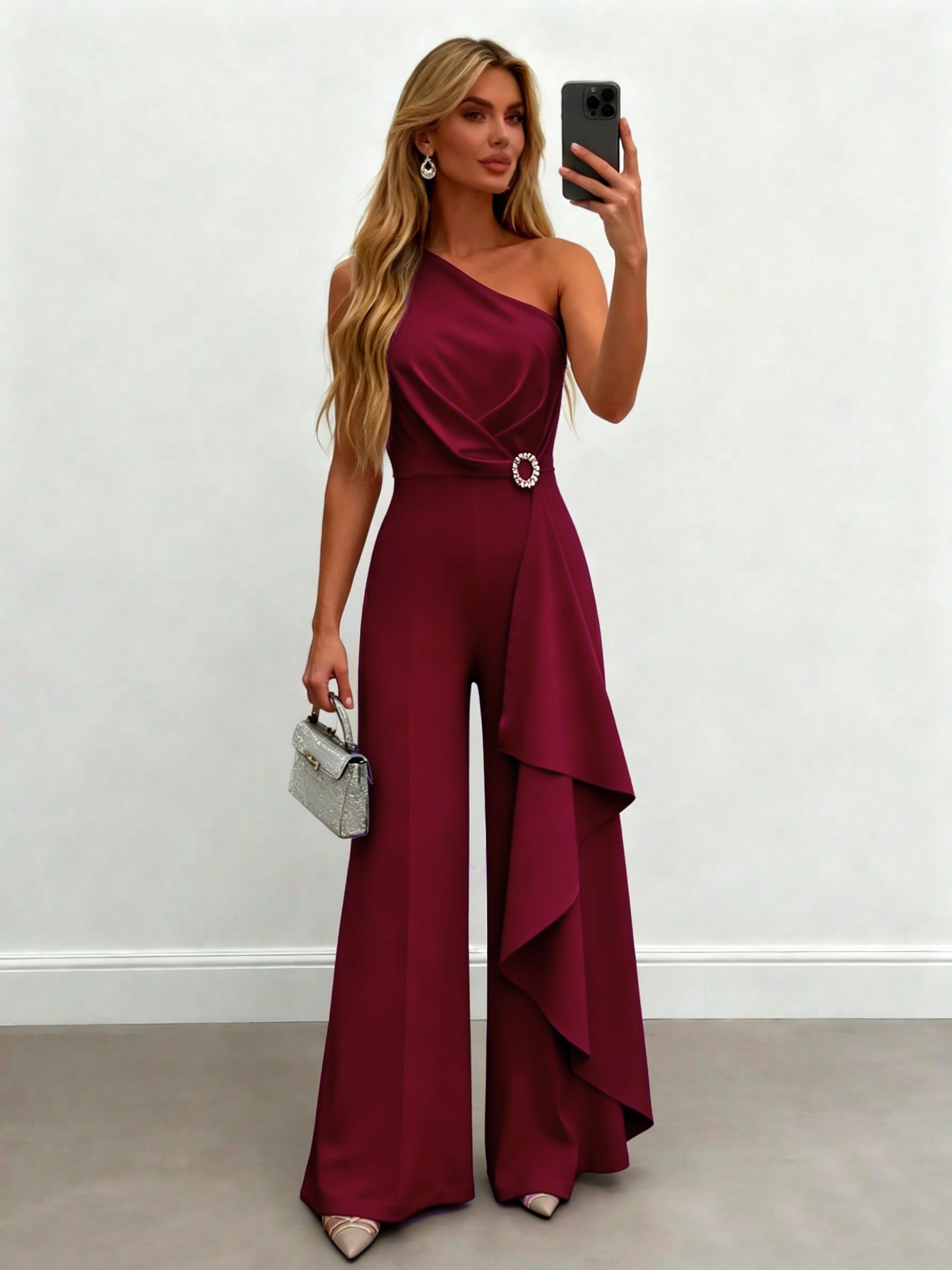 Elegant One-Shoulder Draped Wide-Leg Evening Jumpsuit