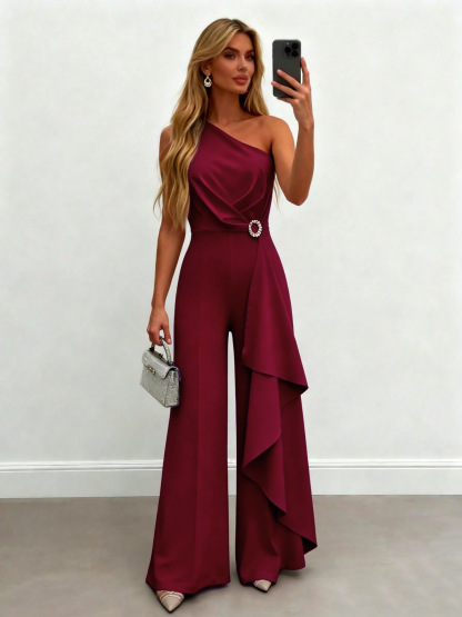 Elegant One-Shoulder Draped Wide-Leg Evening Jumpsuit