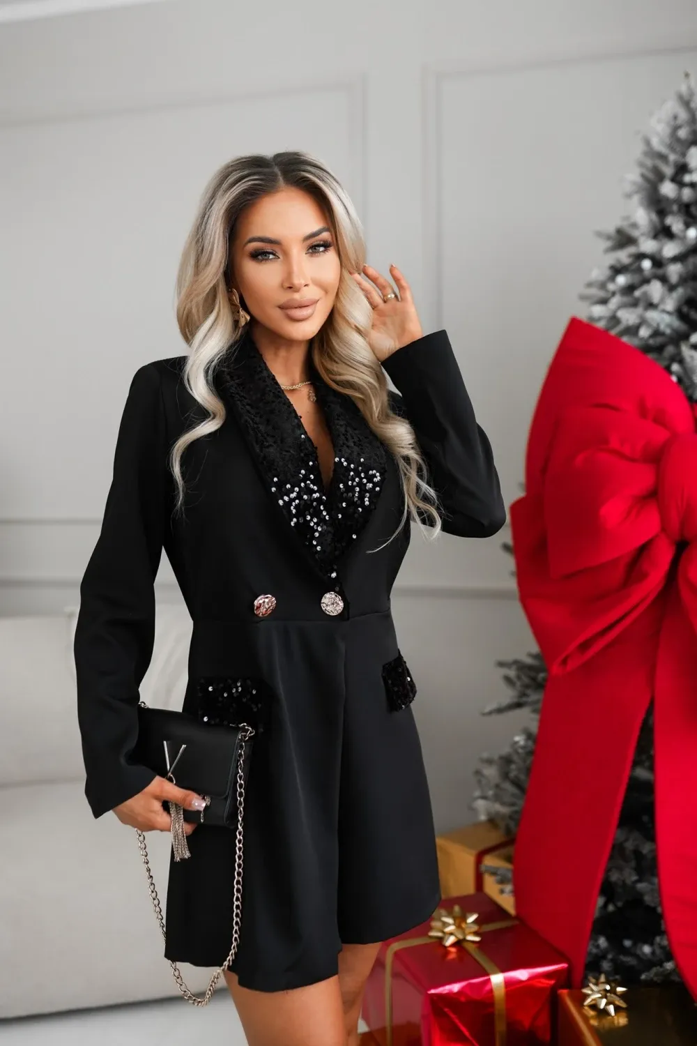 Elegant Sequin Lapel Blazer Jumpsuit with Long Sleeves (Buy 2 Free Shi
