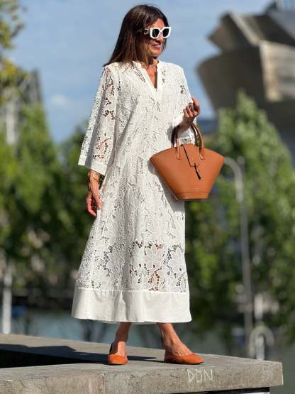  Flower Lace Bell Sleeve Loose Midi Dress (Buy 2 Free Shipping)