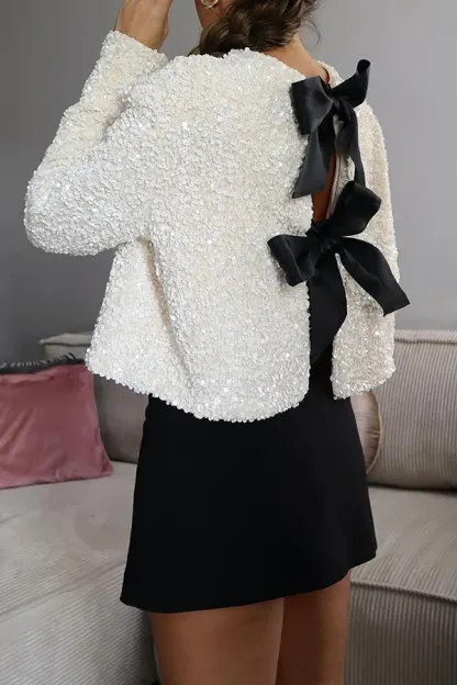 Two Ways To Celebrate Tie-front Bow Sequined Top (Buy 2 Free Shipping)