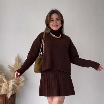 High-Neck Knitted Skirt Suit for Elegant Style(Top + Skirt)