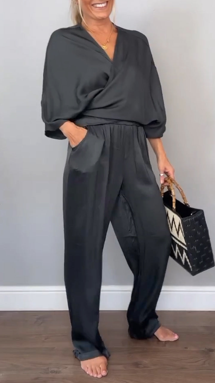 V-neck Casual Comfortable Satin Suit (Buy 2 Free Shipping)