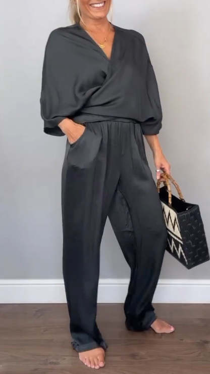 V-neck Casual Comfortable Satin Suit (Buy 2 Free Shipping)