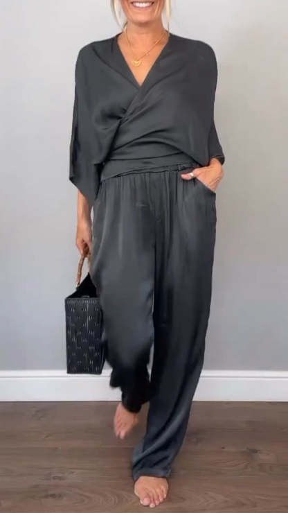 V-neck Casual Comfortable Satin Suit (Buy 2 Free Shipping)
