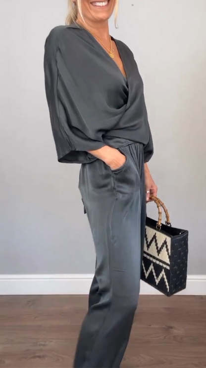 V-neck Casual Comfortable Satin Suit (Buy 2 Free Shipping)