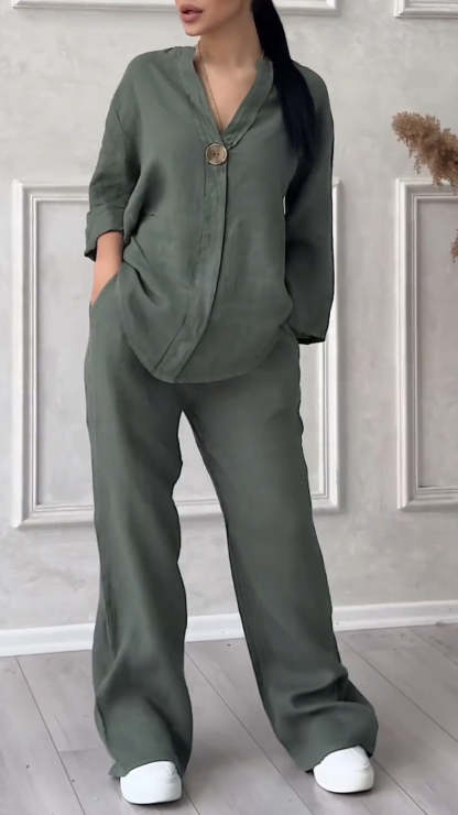 Relaxed Linen Two-Piece Set with Button Detail (Buy 2 Free Shipping)