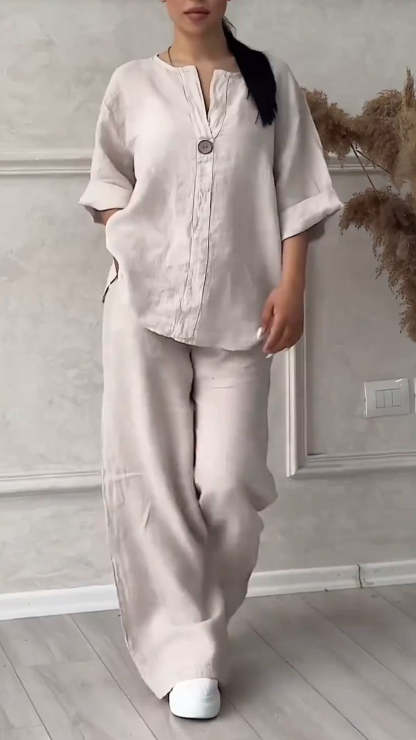 Relaxed Linen Two-Piece Set with Button Detail (Buy 2 Free Shipping)
