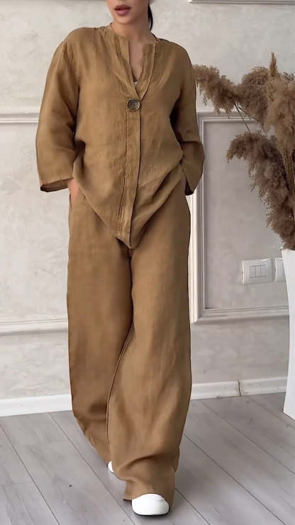 Relaxed Linen Two-Piece Set with Button Detail (Buy 2 Free Shipping)