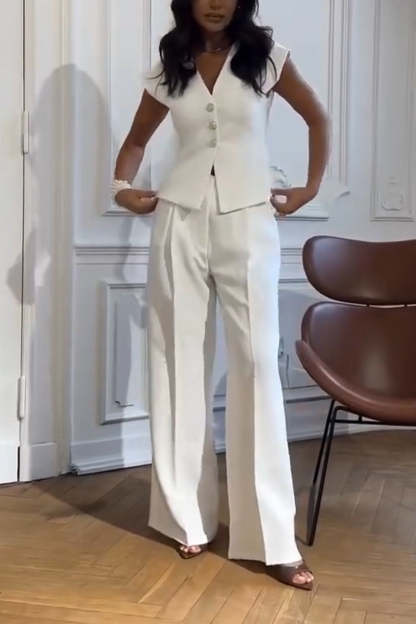 Elegant Buttoned Vest & Wide-Leg Pants Two-Piece Suit (Buy 2 Free Shipping)