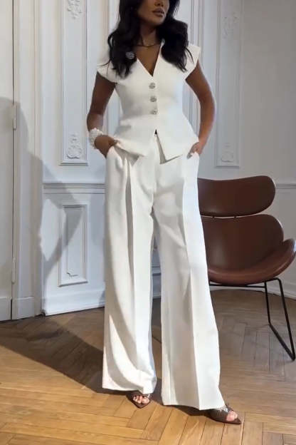 Elegant Buttoned Vest & Wide-Leg Pants Two-Piece Suit (Buy 2 Free Shipping)