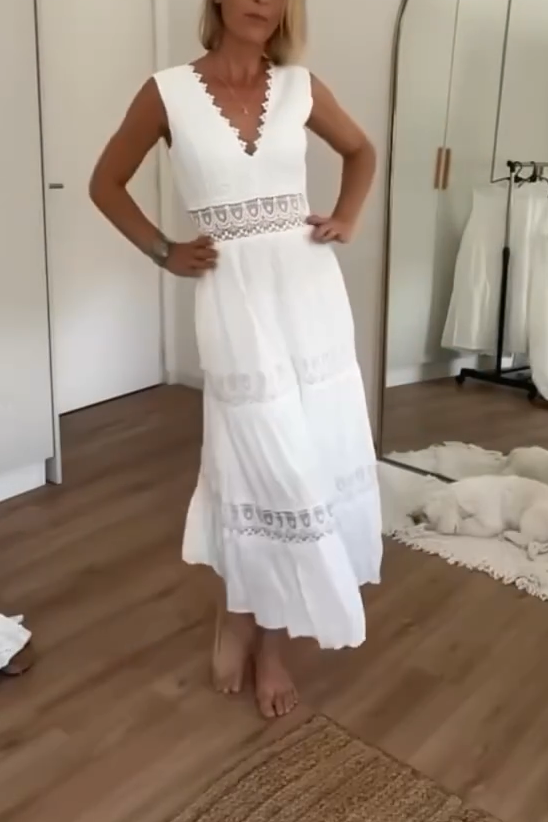 Lace Panel V-Neck Sleeveless Midi Dress (Buy 2 Free Shipping)