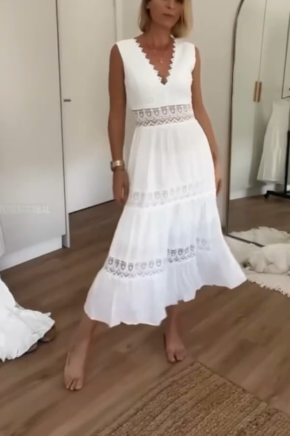 Lace Panel V-Neck Sleeveless Midi Dress (Buy 2 Free Shipping)