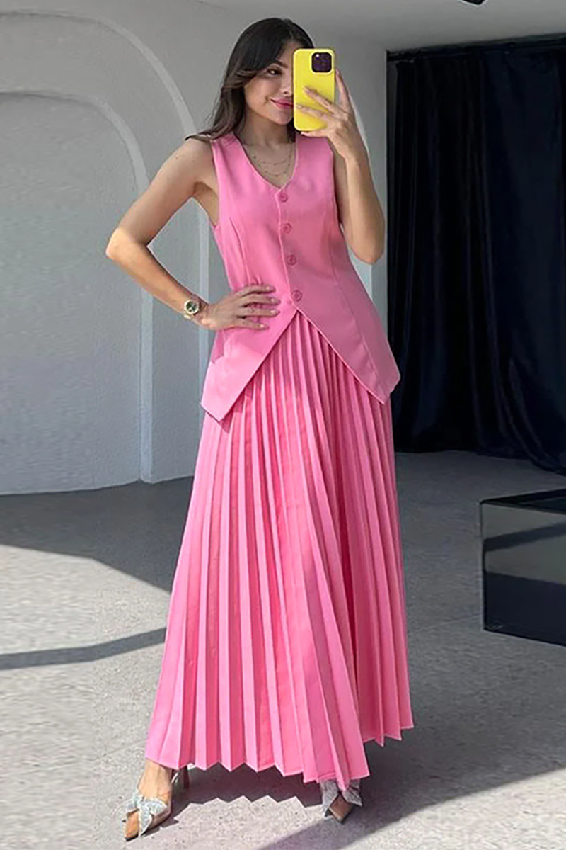 V Neck Button Up Slit Vest Pleated Maxi Skirt Matching Set (Buy 2 Free Shipping)